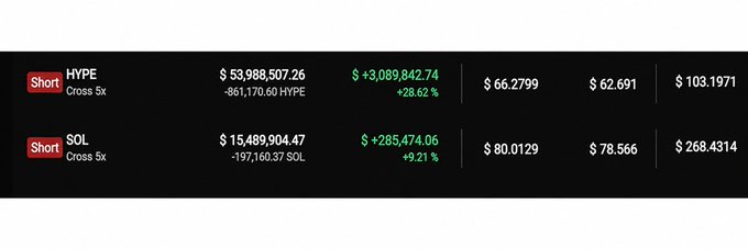 A financial trading interface displaying short positions on HYPE (Cross 5x) at $53,988,507.26 (+28.62%) and SOL (Cross 5x) at $15,489,904.47 (+9.21%).