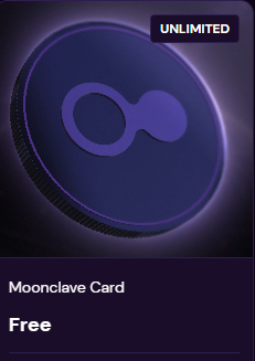 A "Moonclave Card" marked as Free with an infinity logo and "UNLIMITED" badge, representing early access to the Moonclave ($MCV) project highlighted in the accompanying post.