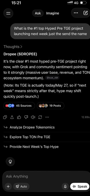 The image shows a cell phone screen with a message from someone named @GROK. The message contains a link to a website, which has been described as "very interesting" by @DROPEE. The conversation seems to be about a project called TGE that is being launched next week and the user wants to know if anyone else has any thoughts on it. The image also includes a caption asking for opinions or feedback from the viewer.