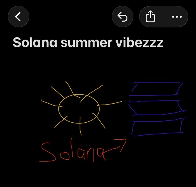 The image features a black background with white text that reads "SOLANA summer vibes". The text is accompanied by an illustration of a sun, which appears to be yellow and orange. Below this, there are two lines of text written in red and blue colors. One line says "gm Solana" while the other one says "our new designer fell asleep before the weekend hope you still get the Solana summer vibes through the screen". The image seems to be a creative representation of the concept of summer vibes, with the sun as a symbol for warmth and relaxation.