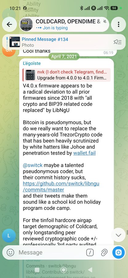 Telegram screenshot from the 'COLDCARD, OPENDIME' group showing a pinned message dated April 7, 2021 discussing V4.0.x firmware changes and LibNgU replacing TrezorCrypto code.