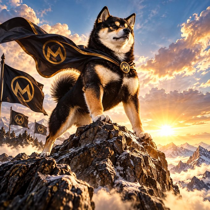 A majestic Shiba Inu dog wearing a black and gold superhero cape with an 'M' emblem stands heroically atop a rocky mountain peak, with flags bearing the same logo fluttering in the wind against a dramatic sunset sky.