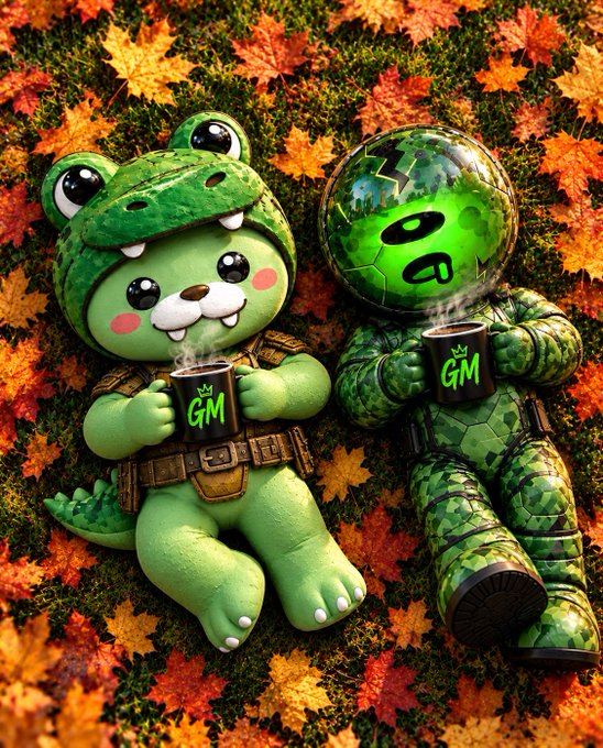 Two plush figures lying on autumn leaves - one is a green crocodile/alligator character in tactical gear, the other wears a green space suit and helmet, both holding "GM" coffee mugs.