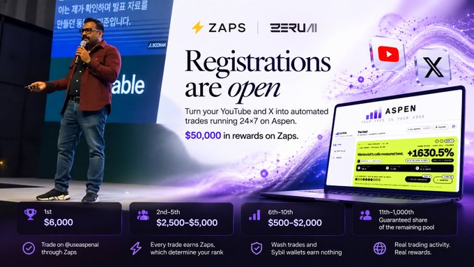 A promotional banner for ZAPS and ASPEN featuring a man speaking on stage, advertising "Registrations are open" with $50,000 in rewards and tiered prizes ranging from $6,000 to guaranteed shares of the remaining pool.