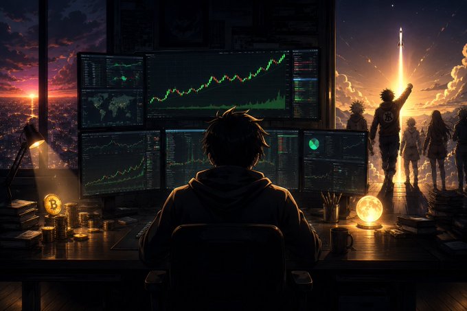 An anime-style illustration showing a person from behind sitting at a desk with multiple monitors displaying trading charts with green and red graphs, alongside stacks of gold coins and a Bitcoin symbol, while silhouetted figures stand against a dramatic sunset sky with a launching rocket.