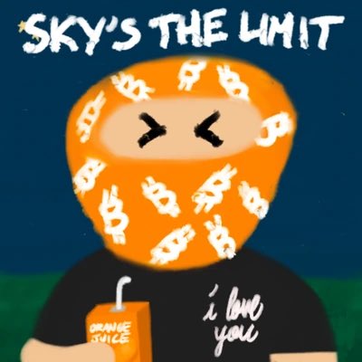 Cartoon illustration of a figure wearing an orange balaclava covered in Bitcoin symbols, holding an 'Orange Juice' drink, with 'SKY'S THE LIMIT' text at the top and 'i love you' written on the shirt.