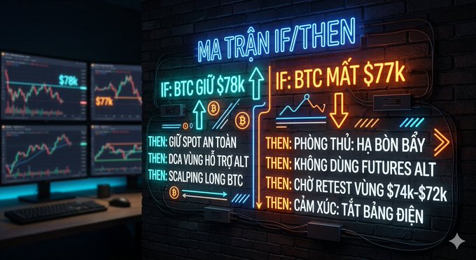 A neon-style graphic titled 'MA TRẬN IF/THEN' displays a Bitcoin trading decision matrix in Vietnamese, with conditions for BTC holding $78k (THEN: spot, DCA, scalping long) versus BTC losing $77k (THEN: avoid futures, wait for $74k-$72k retest).