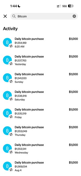 A screenshot of an activity feed showing recurring $1,000 daily Bitcoin purchases totaling roughly $8,000 worth of BTC at varying prices (1,541,034–1,569,034 satoshis). The image visually reinforces the post's message about consistent Bitcoin accumulation as a hedge against inflation and traditional financial systems.