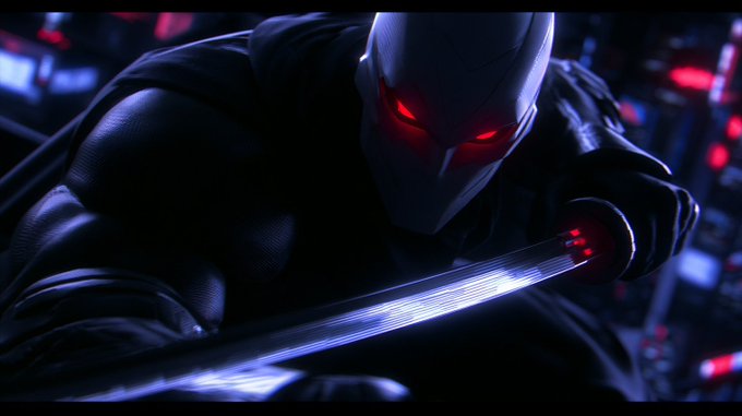 A dark, cinematic image of a masked figure in black armor with glowing red eyes holding a bladed weapon.