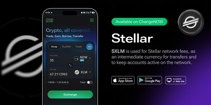 A promotional graphic for ChangeNOW features a smartphone mockup displaying a crypto swap interface converting 35 NOW to 67.2112962 XLM, alongside the ChangeNOW logo and Stellar branding. The image highlights that $XLM (Stellar) is now available for trading on ChangeNOW via the App Store, Google Play, and web platform.