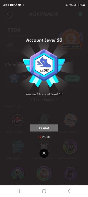 A screenshot of a gaming achievement notification displays "Account Level 50" with a celebratory badge stating "Reached Account Level 50" alongside a "CLAIM" button awarding "+2 Points." The image visually confirms the milestone mentioned in the post, celebrating the player's progression to level 50 in the game.