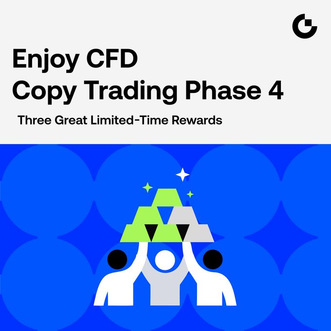 A promotional graphic titled 'Enjoy CFD Copy Trading Phase 4' offering 'Three Great Limited-Time Rewards,' featuring an illustration of three figures holding stacks of green and grey geometric shapes on a blue patterned background.
