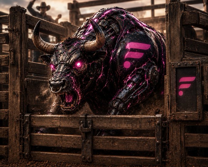 The image features a large bull with flames coming out of its mouth, surrounded by a wooden fence. The bull appears to be angry or aggressive, possibly due to being trapped within the fenced area. In the background, there are people present who seem to be involved in the situation. The caption on the post suggests that this scene is related to the stock market and the bull's fiery temperament could symbolize a bullish market moment.