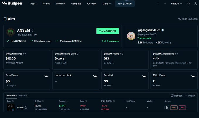 Screenshot of the Bullpen trading platform showing an 'ANSEM' claim page with holdings of $12.06, holding since 8 days, $13 volume, and 4.4K $ANSEM X impressions, tracked by user @igangsan54078.