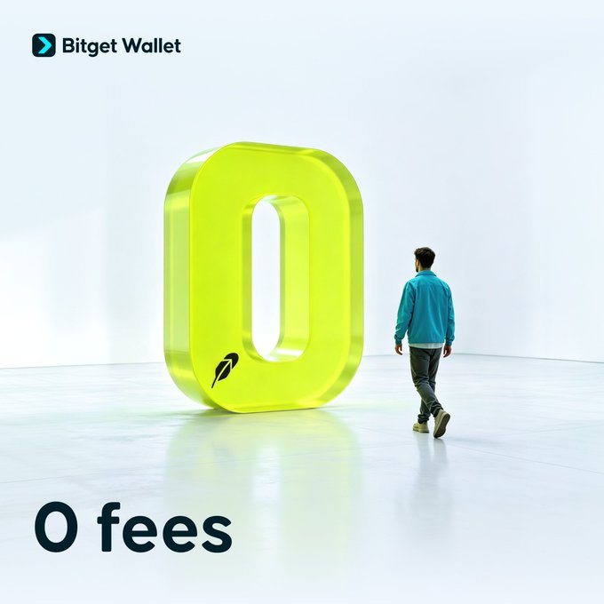 A Bitget Wallet ad featuring a giant yellow "0" with a person walking past it and the text "0 fees" at the bottom, visually reinforcing the post's announcement of zero-fee trading for launchpad tokens on Robinhood Chain.