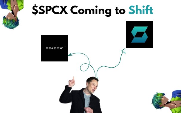 A man wearing a suit stands next to a white wall with two black squares featuring the company name "SpaceX" and an arrow pointing towards them, suggesting that they are about to become active or are already active. The text below this scene reads: " GM CT! gRWA SpaceX is coming soon to @ShiftRWA The company that generated $18.7B in revenue last year, and some projections see massive growth ahead as the economy expands." A person wearing a green shirt can be seen in the background of the image.