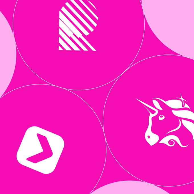 The image features a vibrant pink background with stylized icons of a unicorn head and a play button, visually representing the launch of tokenized real-world assets (RWAs) on the Uniswap platform. This ties into the announcement of rTokens being available for trading on Uniswap, with over 1700 tokenized RWAs accessible from day one through RealityFi.