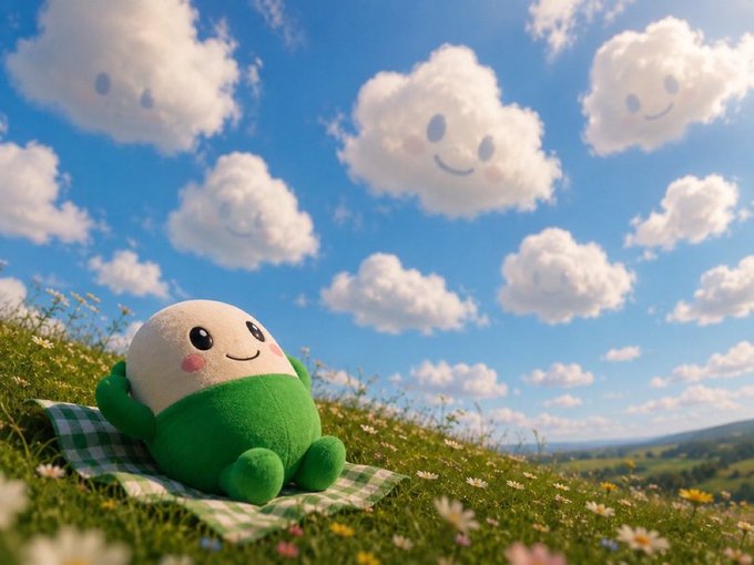 A cute plush character with a smiling face and green body relaxes on a checkered picnic blanket in a flowery meadow, gazing up at a blue sky filled with friendly smiley clouds. The whimsical scene perfectly mirrors the cozy, cheerful vibe of holding a precious "gem," as referenced by the $cupsey post.