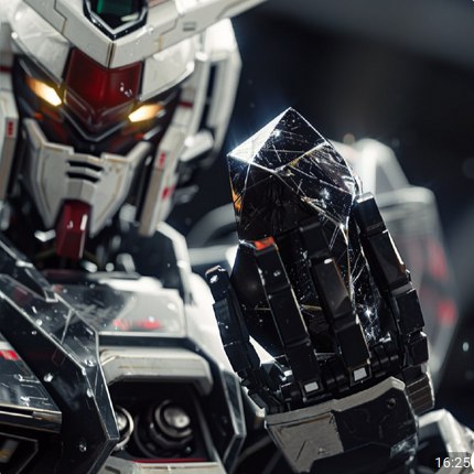 A detailed close-up of a Gundam-style mecha robot holding a damaged, cracked black shield with yellow eyes glowing in the background.