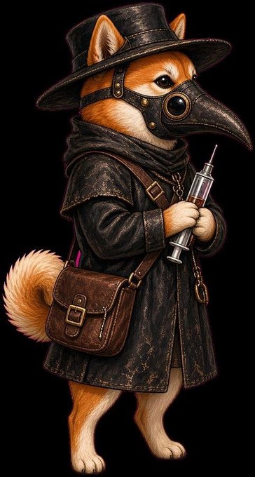 A digitally rendered Shiba Inu dog dressed as a plague doctor, wearing a black wide-brimmed hat, a beak mask with circular goggles, a long dark coat, and carrying a leather satchel and a syringe.