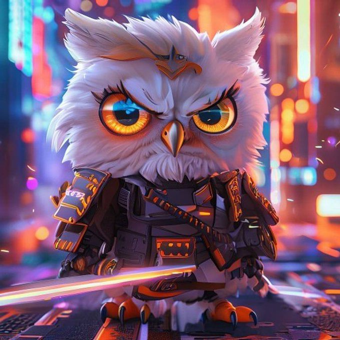 A stylized 3D digital illustration of an angry, fluffy white owl character in cyberpunk armor with orange glowing eyes, wielding a glowing orange lightsaber-like blade against a neon cityscape.