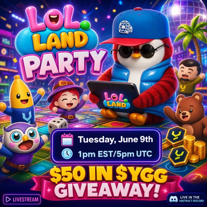 The image shows an advertisement for a game called "LOL LAND PARTY" with a penguin wearing a blue jacket, red hat, and sunglasses sitting at a table looking at a laptop. The advertisement also features multiple cartoon characters surrounding the penguin in various poses. A pink banner with white text announces that players have won a $50 gift card to the game's website or social media pages for their participation in the multiplayer mode of the game.