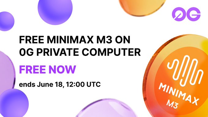 The image features an advertisement for a computer program called "MiniMax M3" that is integrated with 0G Private Computer. The poster displays a purple circle containing an orange wave, which represents the integration of the software into the system. The text on the poster indicates that the program is now free and available for three days (from June 18 to 12:00 UTC) from now. This offers users the chance to test the software without paying any fees or purchasing it separately.