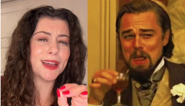 A side-by-side comparison showing a woman with curly brown hair on the left mimicking the weeping expression of Leonardo DiCaprio in a still from a film, where he holds a glass in formal attire on the right.