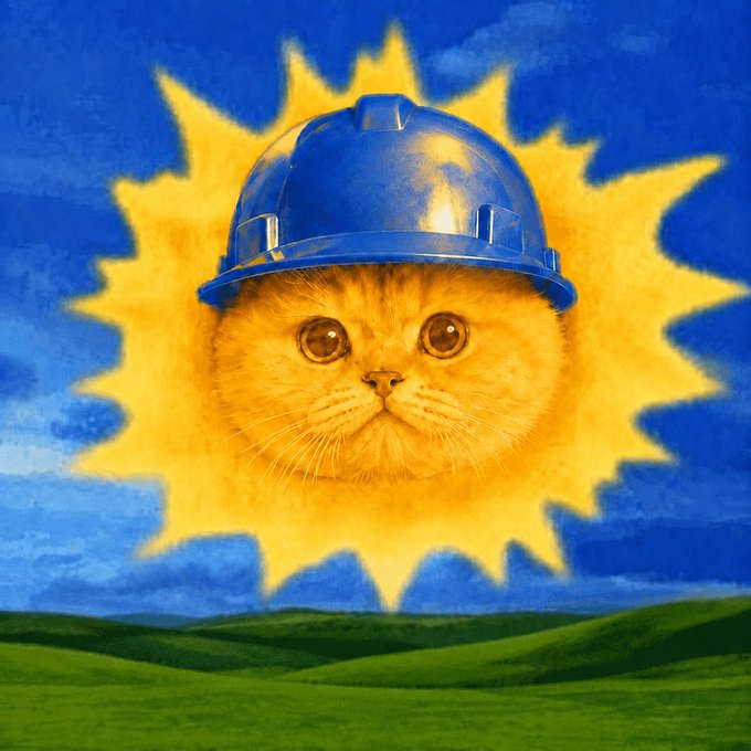 A whimsical digital illustration of a fluffy orange cat's face wearing a blue hard hat, set against a large yellow sun and blue sky above rolling green hills.