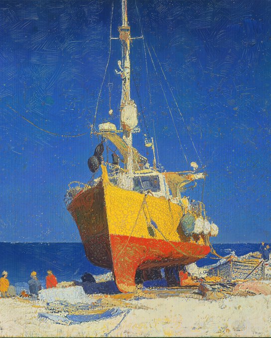 A vibrant impressionist painting of a yellow and red fishing boat docked on a beach under a deep blue sky, with small figures nearby.