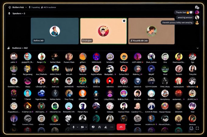 A Builders Hub online session titled 'Toppling' with 462 in audience, showing three speakers and many participant avatars in a video call interface.