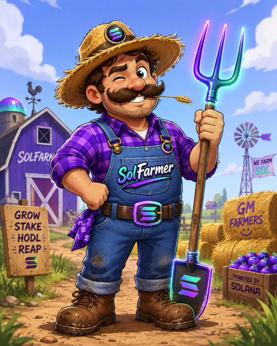 A cartoon illustration of a farmer character wearing overalls labeled 'SolFarmer' holding a colorful pitchfork, standing in front of a barn with signs reading 'GROW STAKE HODL REAP', 'WE FARM SOL', and 'GM FARMERS', powered by Solana.