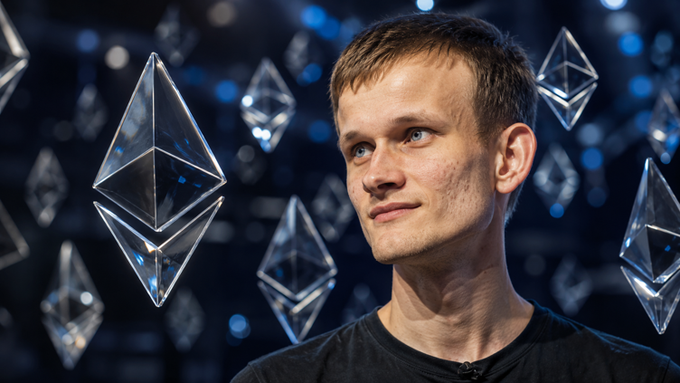 A portrait of Vitalik Buterin, co-founder of Ethereum, shown in front of a backdrop featuring the Ethereum logo.