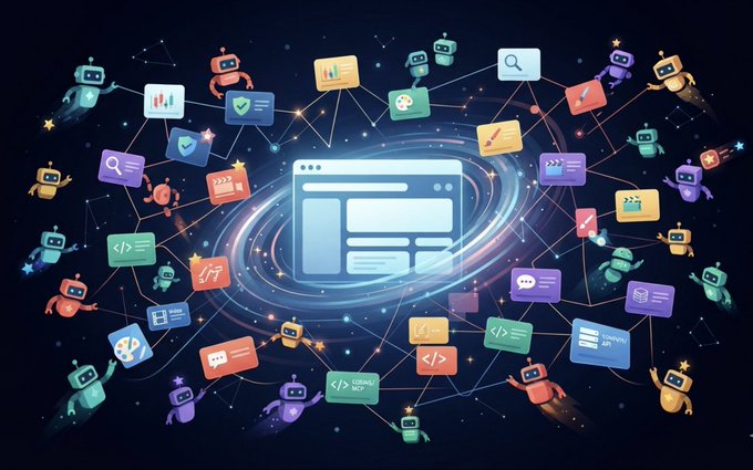 A stylized digital illustration showing a central browser window surrounded by colorful chatbot avatars and various icons connected by a network of lines against a dark background.