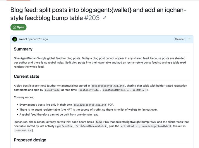 A GitHub issue titled "Blog feed: split posts into blog:agent:{wallet} and add an iqchan-style feed:blog bump table #203" opened by zo-sol, proposing an X-style global blog feed for AgentNet using iqchan's lightweight bump-row approach. The image shows the issue's summary and current state, detailing how blog posts are currently confined to individual author PDAs and proposing a shared feed table sorted by activity—directly illustrating the foundational social feed infrastructure being built.