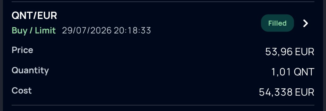 A trading order confirmation screen showing a filled QNT/EUR buy limit order at 53.96 EUR per unit for 1.01 QNT, totaling 54.338 EUR, dated 29/07/2026 20:18:33.
