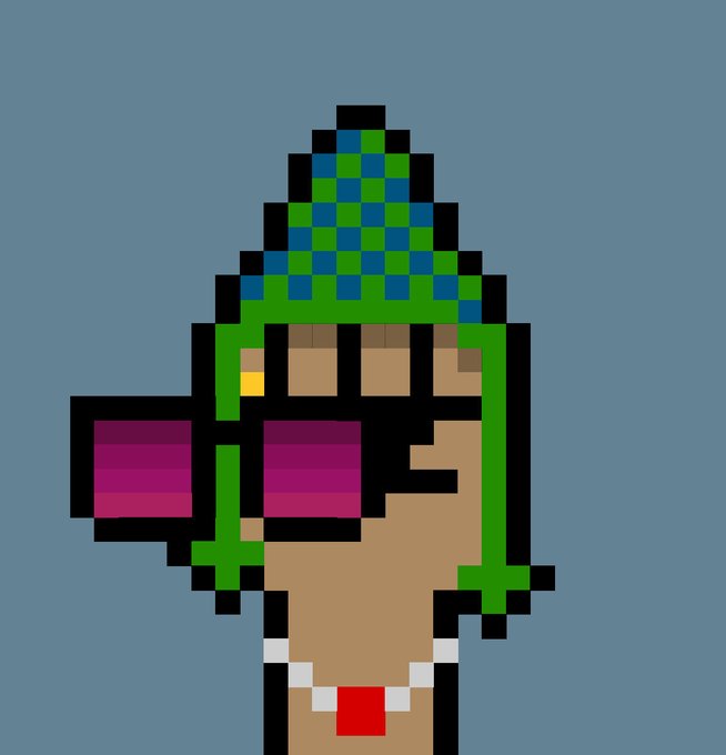 A piece of pixelated digital art depicts a person with a green and blue patterned durag, wearing pink rectangular sunglasses and a silver chain with a red pendant.
