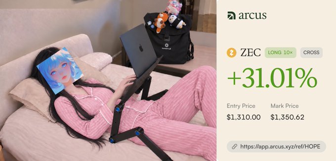 A promotional image shows a person on a couch using a laptop next to an "arcus" referral link for ZEC, displaying a +31.01% gain with an entry price of $1,310.00 and mark price of $1,350.62.