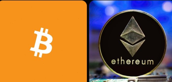 The image shows the Bitcoin "₿" logo on an orange background alongside a physical Ethereum coin displaying its diamond-shaped emblem and the word "ethereum," representing the two cryptocurrencies that CBOE has filed with the SEC to offer as 3x leveraged ETFs in the U.S.