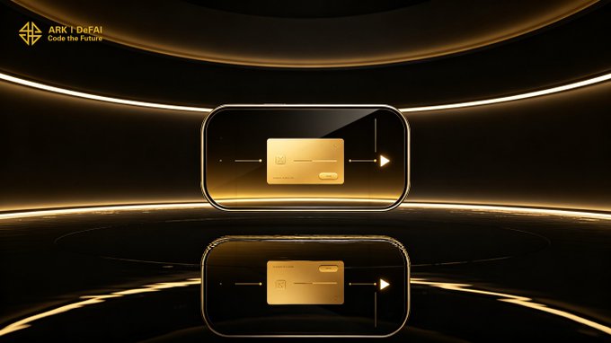 A sleek black and gold-themed promotional graphic for "ARK | DeFAI Code the Future" featuring two glowing smartphone displays against a futuristic curved backdrop, with the Arkie AI App interface visible on the screens—visually reinforcing the post's message about how Arkie simplifies AI Agents for ARK users to turn ideas into seamless Web3 execution.