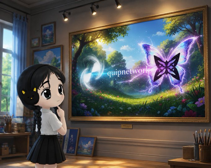 The image features a young girl standing in front of a large painting that depicts a butterfly flying through a garden with flowers, trees, and other elements typical of nature. The girl appears to be looking at the painting intently as if she's pondering its meaning or admiring the artist's skill. The post about QuipNetwork is displayed above the painting, which suggests that it might be related to the art world or a discussion on the intersection between technology and creativity.
