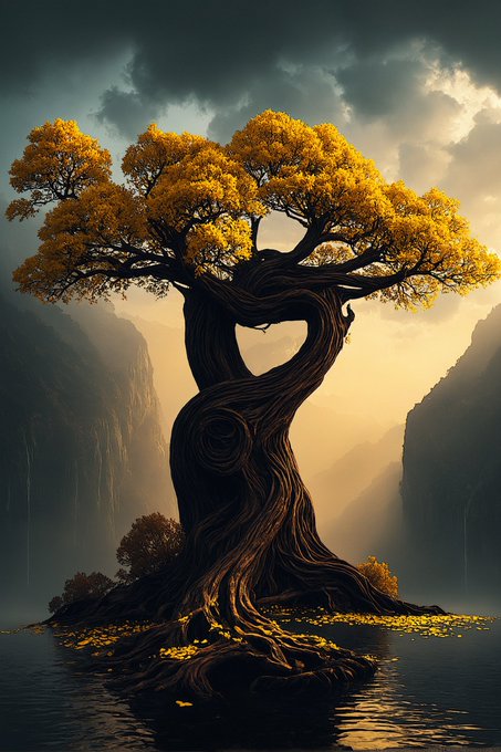 A digital fantasy artwork of a large, gnarled tree with yellow foliage, its trunk forming a heart shape, standing in water with mountains and waterfalls in the misty background.