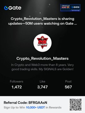 A Gate.io promotional graphic featuring 'Crypto_Revolution_Masters' with 1,472 followers, 3,747 likes, 567 posts, and a referral code 'BFRGAAsN' offering 10,000+ USDT in rewards.