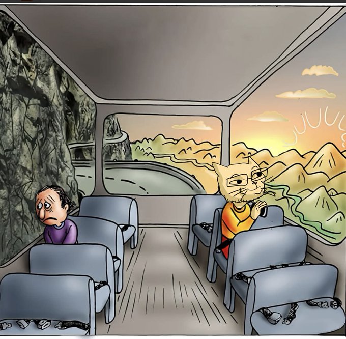 An illustration showing a sad human passenger on a bus sitting next to a relaxed cat driver, with chains restraining the empty seats beneath them.