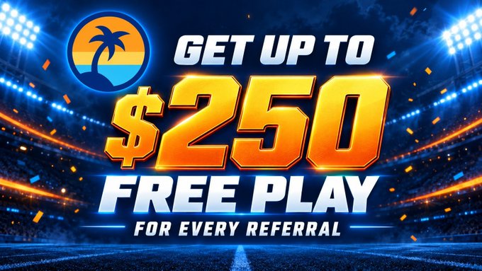 A promotional banner featuring a palm tree sunset logo reading 'GET UP TO $250 FREE PLAY FOR EVERY REFERRAL' on a stadium background.