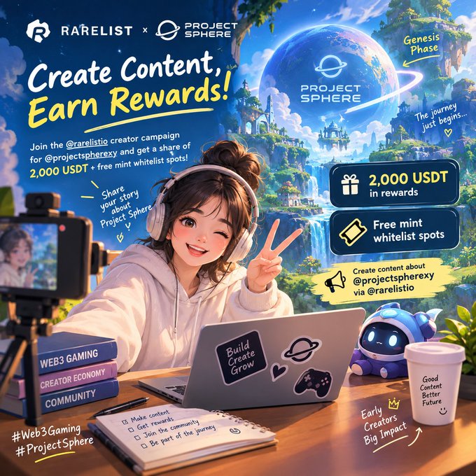 A promotional graphic for a 'Rarelist x Project Sphere' creator campaign offers 2,000 USDT in rewards for creating content, featuring an anime-style illustration of a content creator wearing headphones.