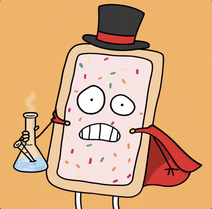 A cartoon illustration of a Pop-Tart character dressed in a black top hat and red cape, holding a smoking beaker of blue liquid.