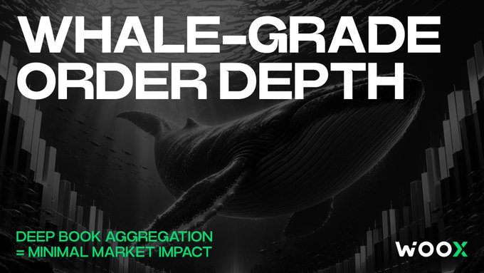 A promotional graphic for WOO X with a large whale underwater amid city skyscrapers, featuring the text 'WHALE-GRADE ORDER DEPTH' and 'DEEP BOOK AGGREGATION = MINIMAL MARKET IMPACT'.