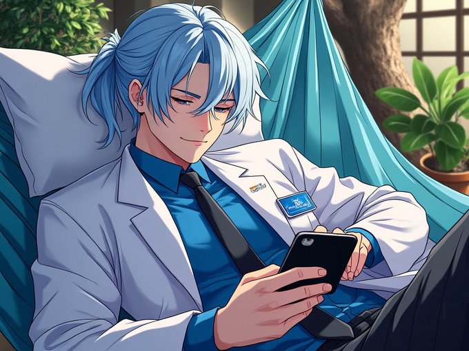 An anime-style character with light blue hair, dressed in a white lab coat and blue shirt, reclines on a pillow while scrolling through his phone. The image's relaxed vibe pairs with the "Gm" (good morning) greeting, while the character's focus on his phone suggests engagement with the digital NFT community being referenced in the post.