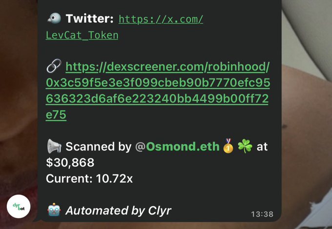 A screenshot of a cryptocurrency bot message showing Twitter link for 'LevCat_Token', a Dexscreener link, scanned by '@Osmond.eth' at $30,868 with a 10.72x current, automated by Clyr at 13:38.